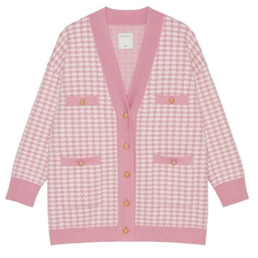 Sandro Paris Pink Knitwear Dane Long Houndstooth Oversized Cardigan Size 1